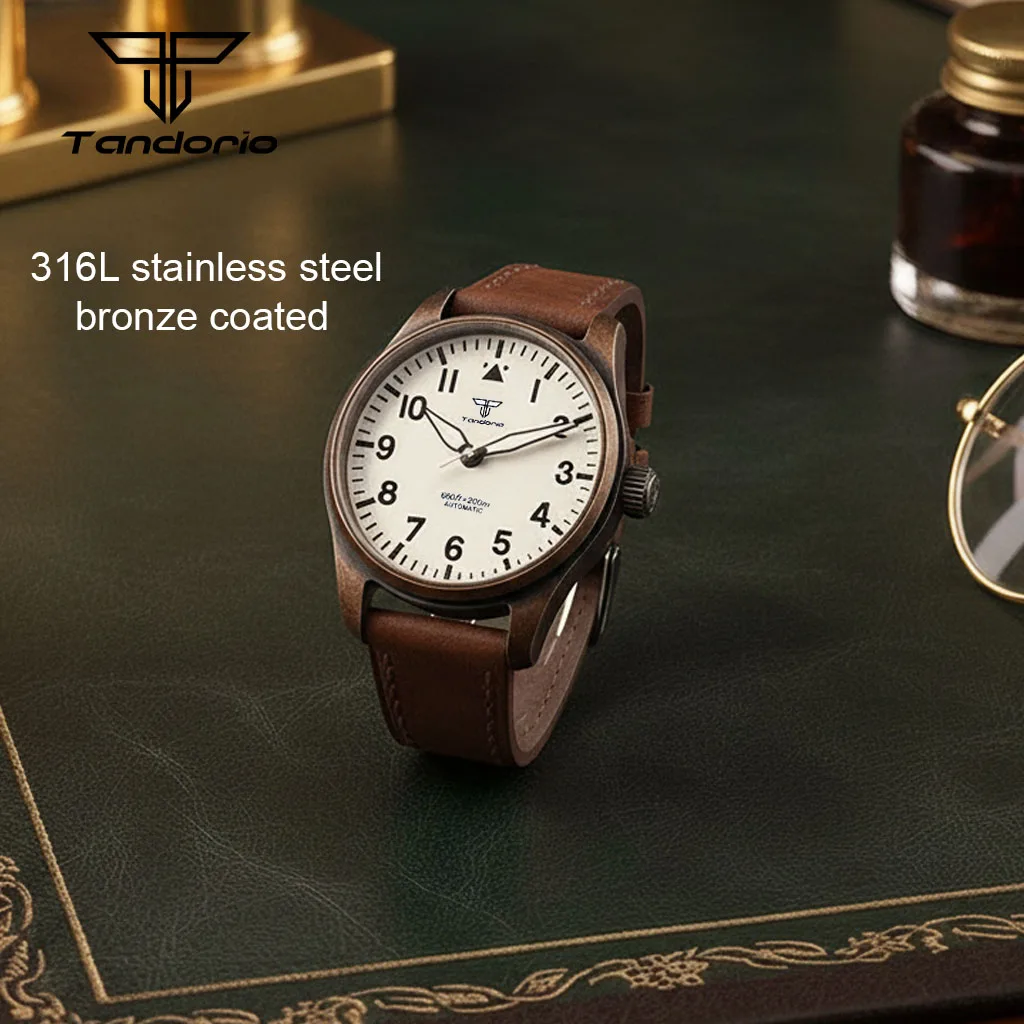

39mm Vintage Pilot Automatic Mechanical Watch No date Bronze Coated Miyota 8215/NH35A Movement 20ATM Sapphire Leather Tandorio