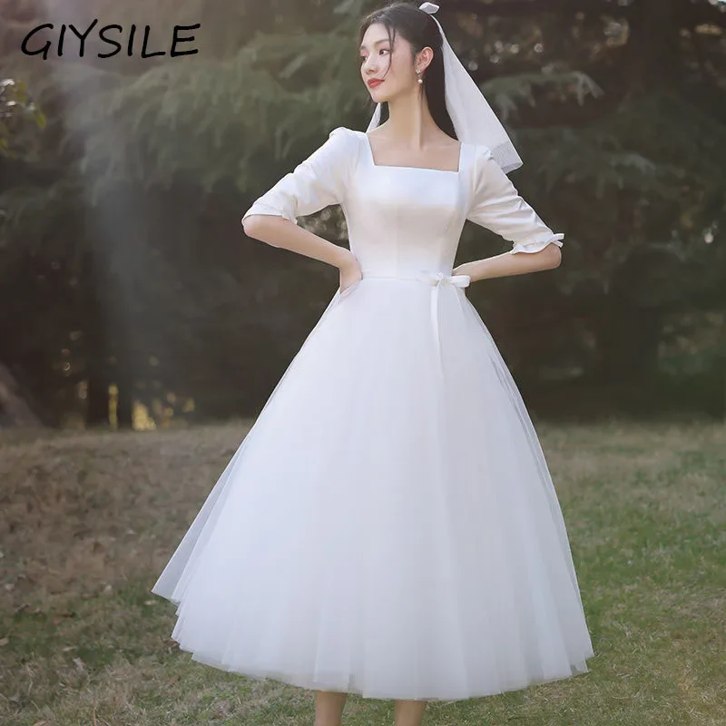 GIYSILE-Robe de Soirée Minimaliste, Tenue de Mariage Légère, Style Hepburn Français, Mignonne, Col Carré, Manches Mi-longues