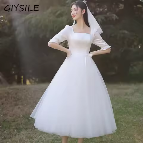 GIYSILE Minimalist Party Dress Light Wedding Dress French Hepburn Style Cute Square Neck Middle Sleeve Evening Dresses