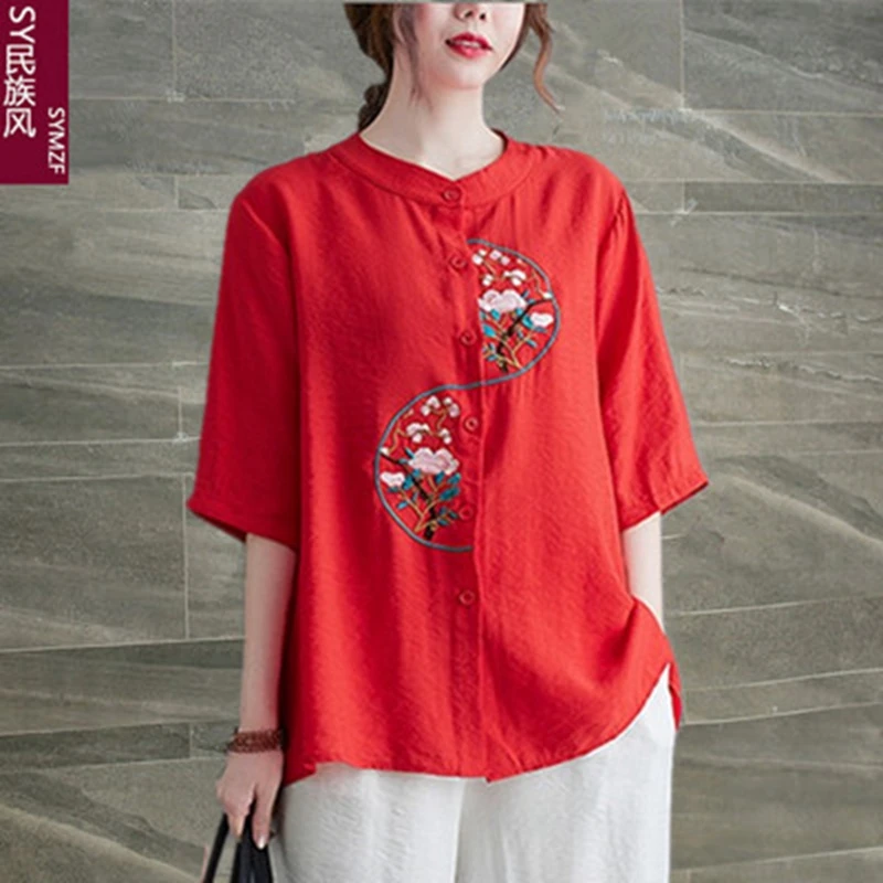 

Ethnic Style Cotton Linen Top Women's Summer Literature Chinese Style Embroidered Shirt Casual Fashion Thin Cardigan