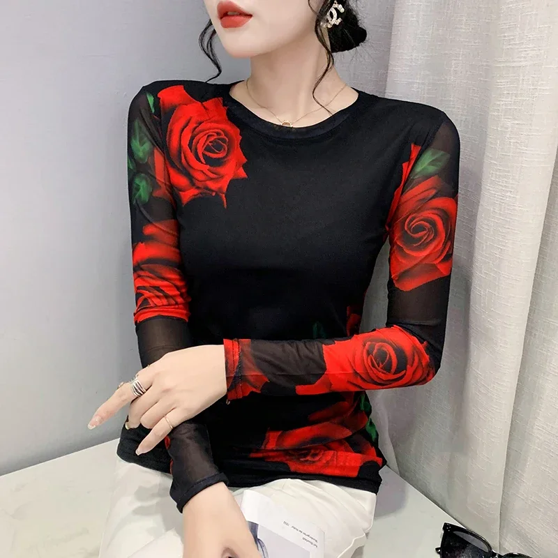 Size S-3XL Girls Fixed Printing Mesh T-Shirts Tees Female Full Sleeve O Neck Stretchy Tshirt Black Tops Women 2023 Autumn