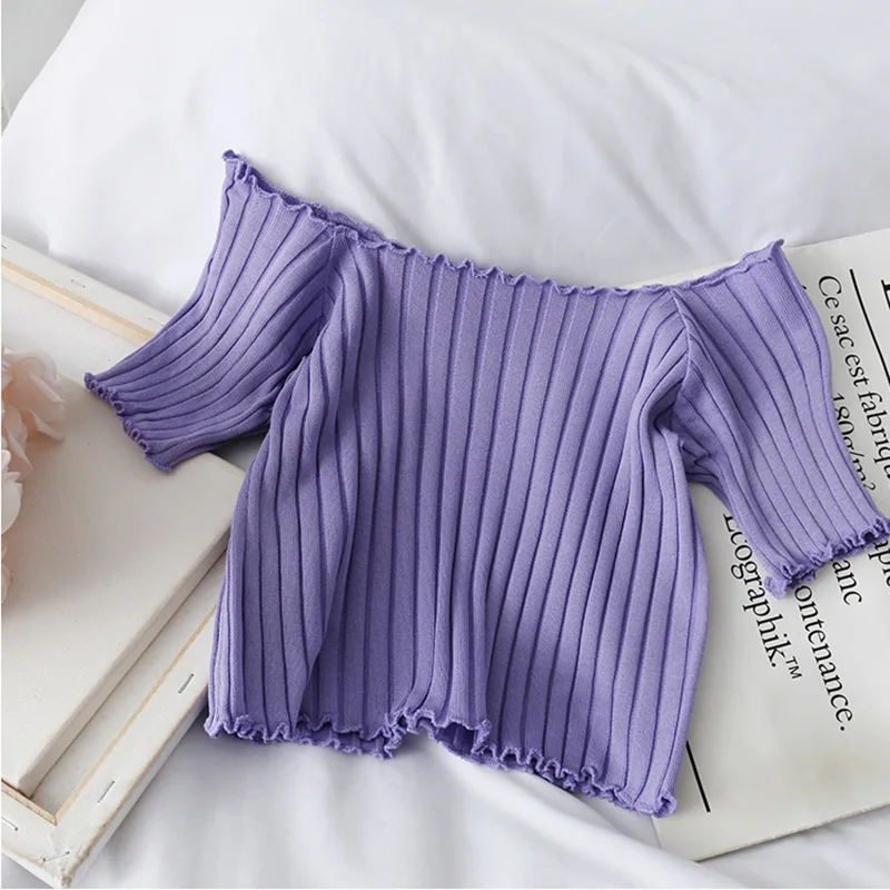 Women Off shoulder T-shirts Solid Tops Summer Women Summer Ruffles Hem Tees Short Sleeve Knit Crop Top Women 2023 Summer