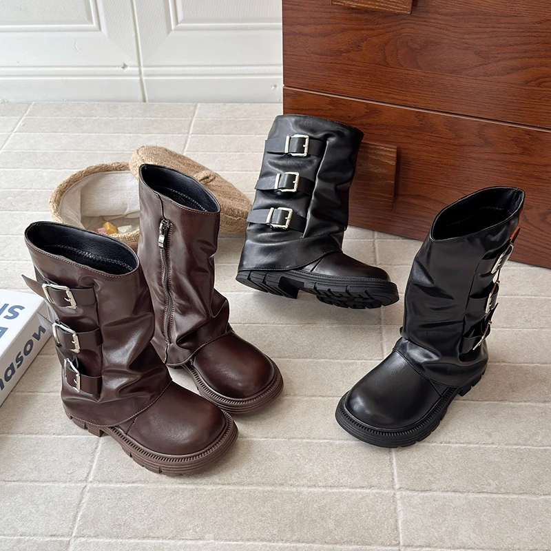 Girls Boots Knee High Platform Chunky Heels Kids Trend Punk Gothic New Rock Leather Fashion Children's Shoes Motorcycle Footwear
