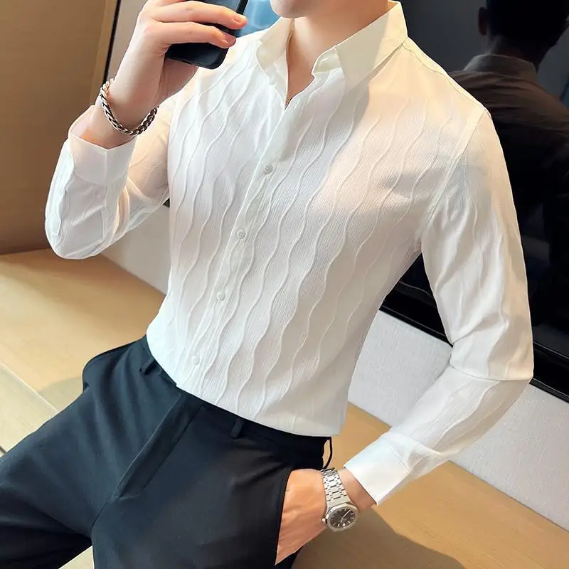 Fashion Wave Cut Korean Shirts Men's Clothing Basic Solid Color Spring Autumn Polo-Neck Business Casual Single-breasted Shirts