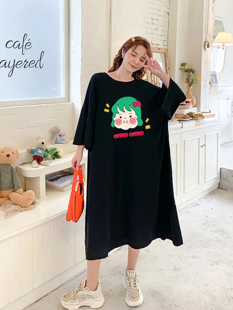 캐주얼 코튼 여름 드레스 여성의 느슨한 티셔츠 스타일 홈웨어 긴 무릎 길이 게으른 소녀 드레스 편안한 플러스 사이즈