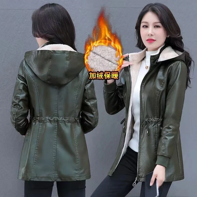 Autumn Winter Jackets Plus Velvet Women's Leather Coat 2024 Black Green Hooded Fashion Outwear Zipper Thick Warm Short Jacket