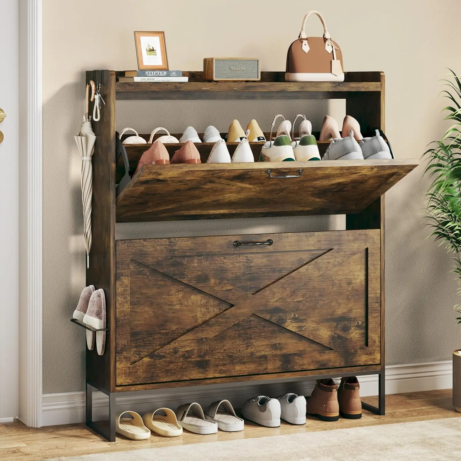 

Shoe Cabinet with 2 Flip Drawers - Adjustable Shelves, Freestanding Organizer with Metal Legs for Entryway, Narrow Shoe Cabinet