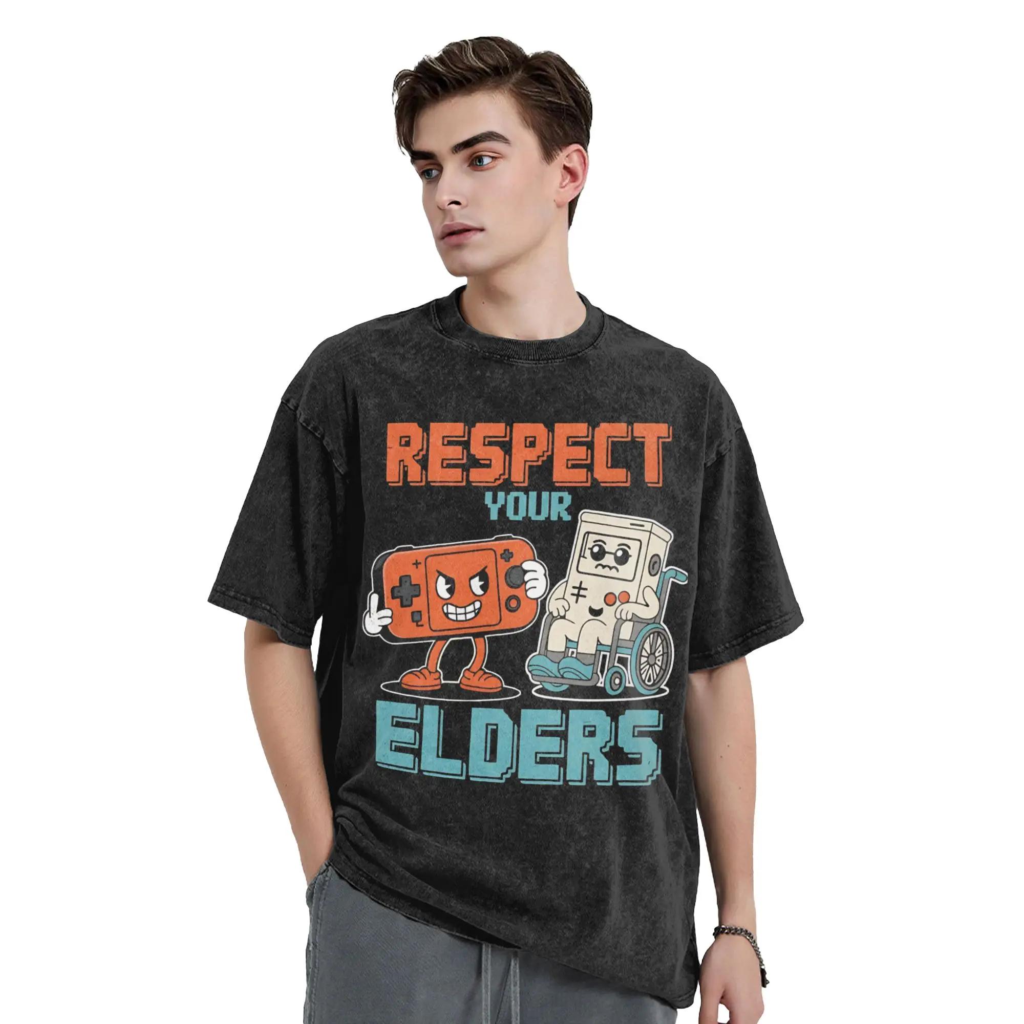 Print Respect Your Elders Retro Gaming Washed T Shirt Men Cotton Short Sleeve Funny Gamer 80s  Crewneck Summer Top Tee