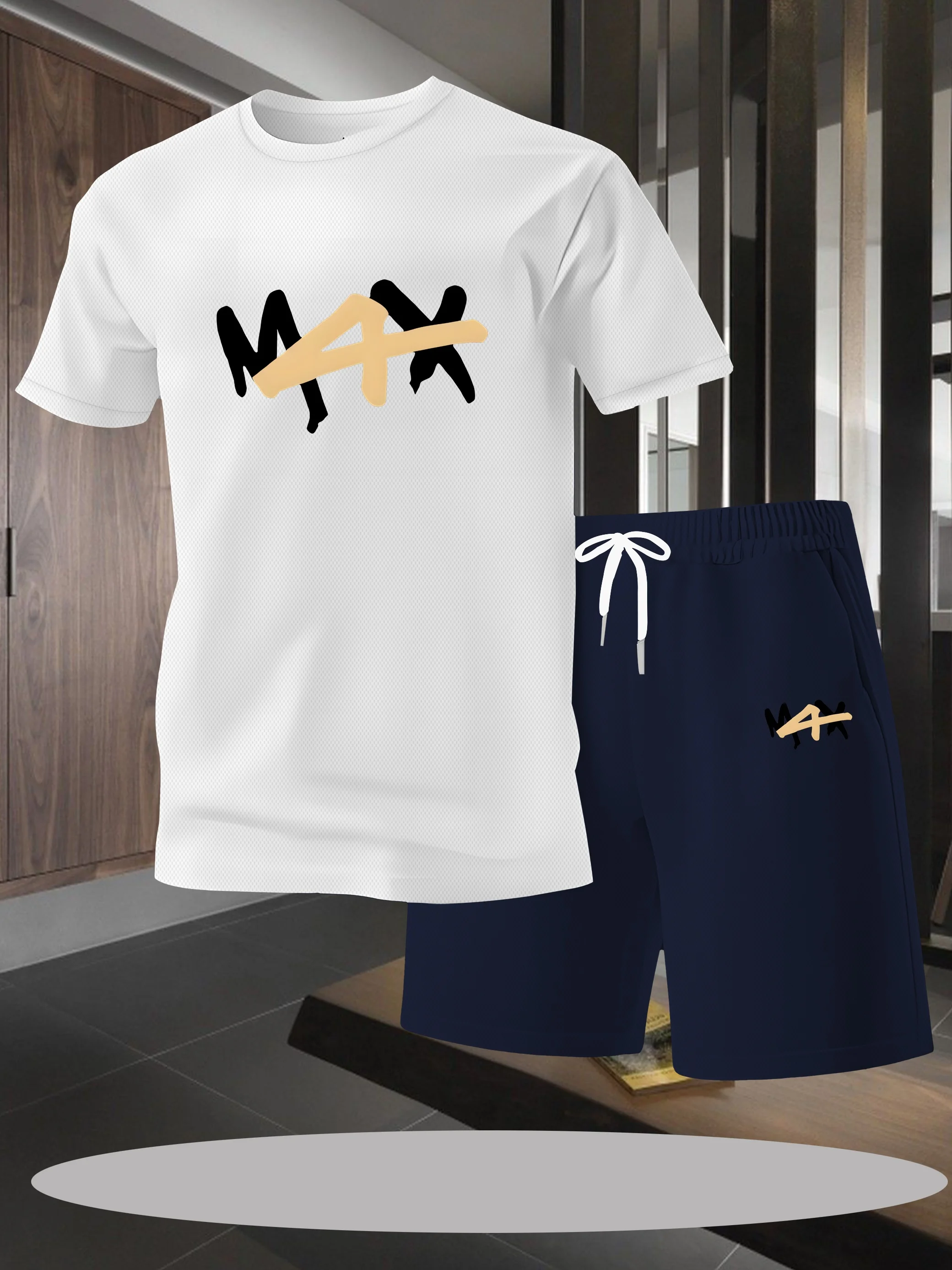 

Fashion suit! Short sleeved T-shirt+shorts two-piece set in black/white/navy blue - street hip-hop trend