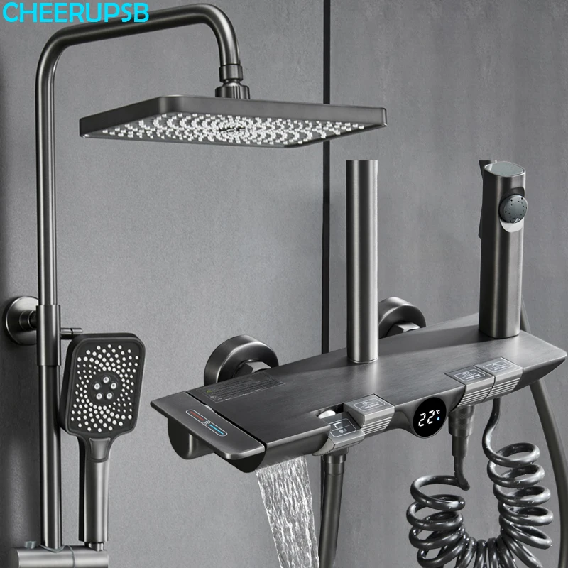 

LED Digital Rain Shower Set Bathroom Hot Cold Mixer Thermostatic Shower System Bathtub Wall Mount SPA Rainfall Piano Button Taps