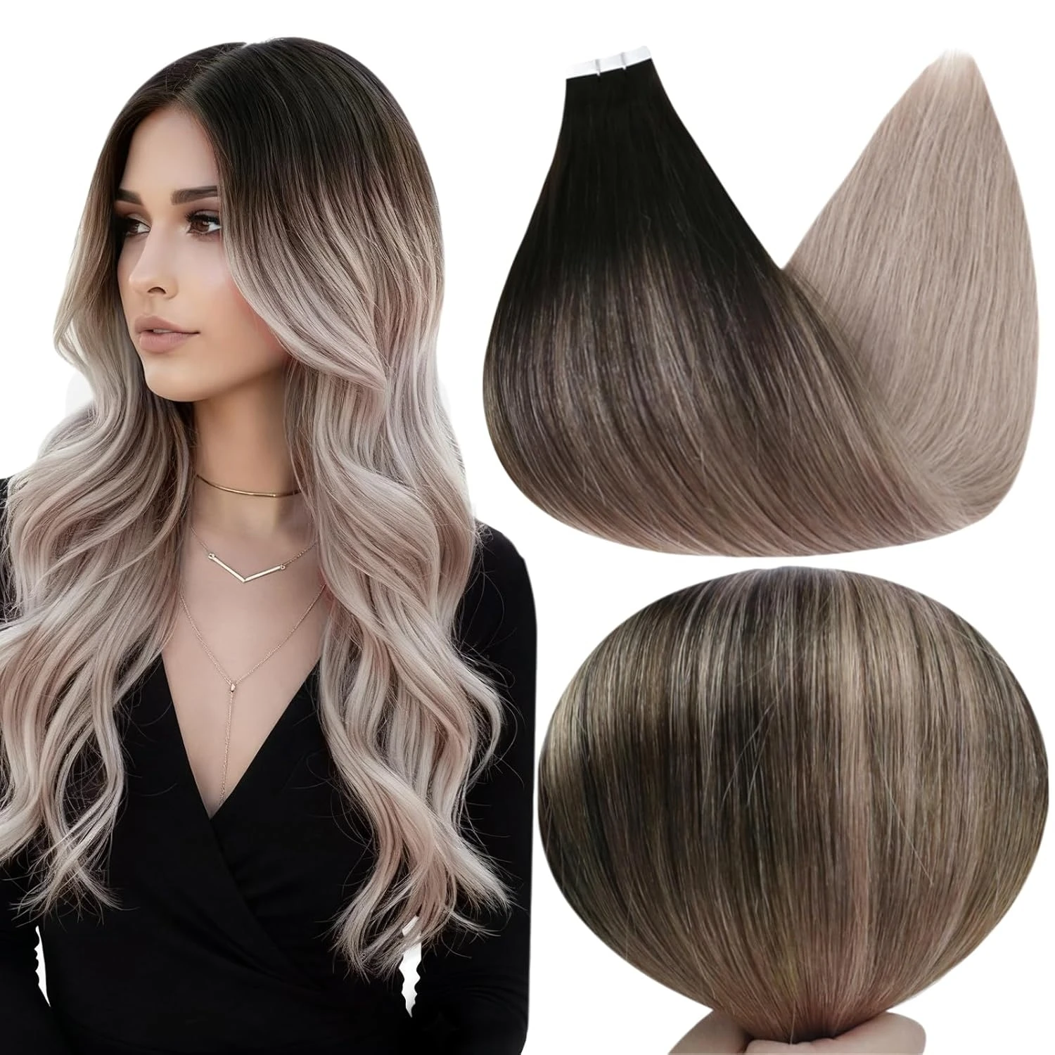 Full Shine Tape in Hair Extensions Balayage Tape ins Human Hair Extensions 20Pcs 50G Ombre Seamless Remy Skin Weft Hair