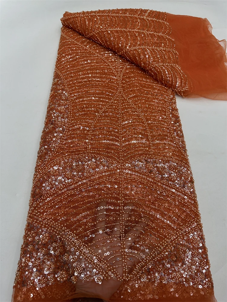 高級アフリカフレンチチュールレース生地 2025 高品質ビーズナイジェリアスパンコールレース生地ウェディングドレス縫製