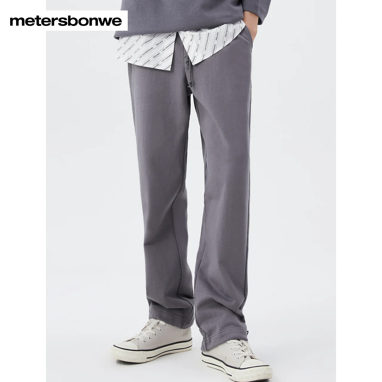 Metersbonwe-Herren-Hose aus 100 % Baumwolle, lässig, lockere Hose, elastische Taille, gerades Bein, Kordelzug am Knöchel, Jogger, Herbst