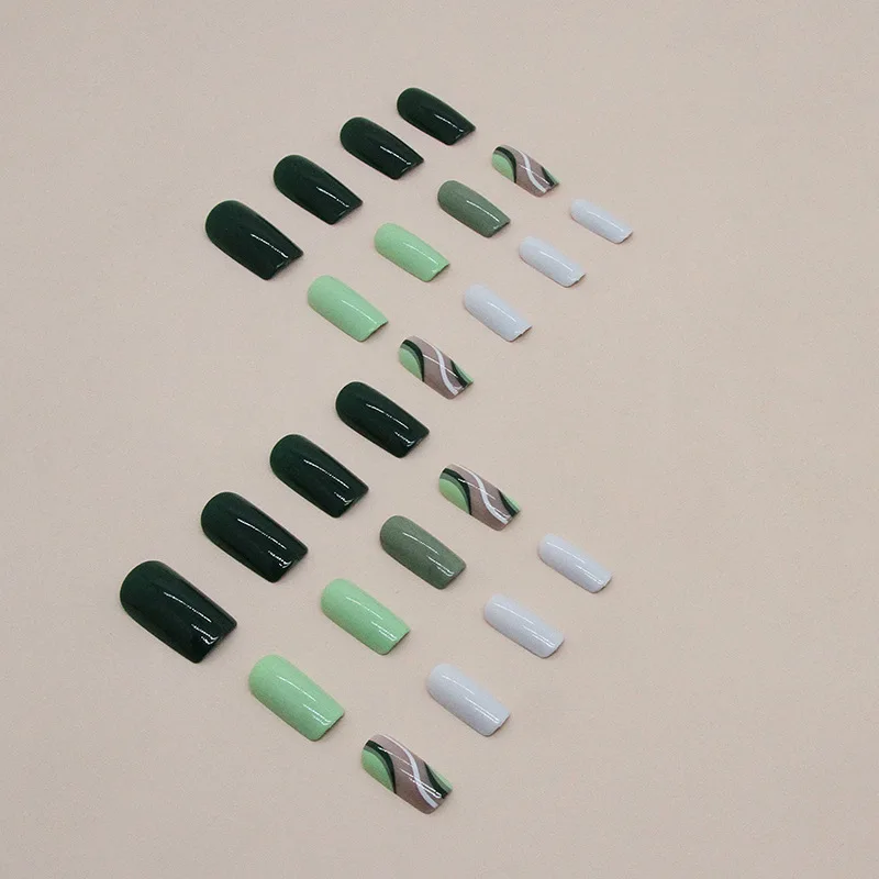 เล็บกดบนแถบสีเขียว 24 ชิ้น - บล็อกสีขาวน้ํานมและสีทึบรูปบัลเล่ต์ขนาดกลางสไตล์เรียบง่ายสด
