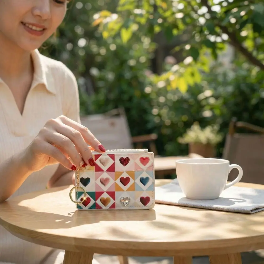 

Wear-resistant Card Holder with Smooth Zipper Cosure with Keychain Zipper Coin Purse Heart Print PU Leather