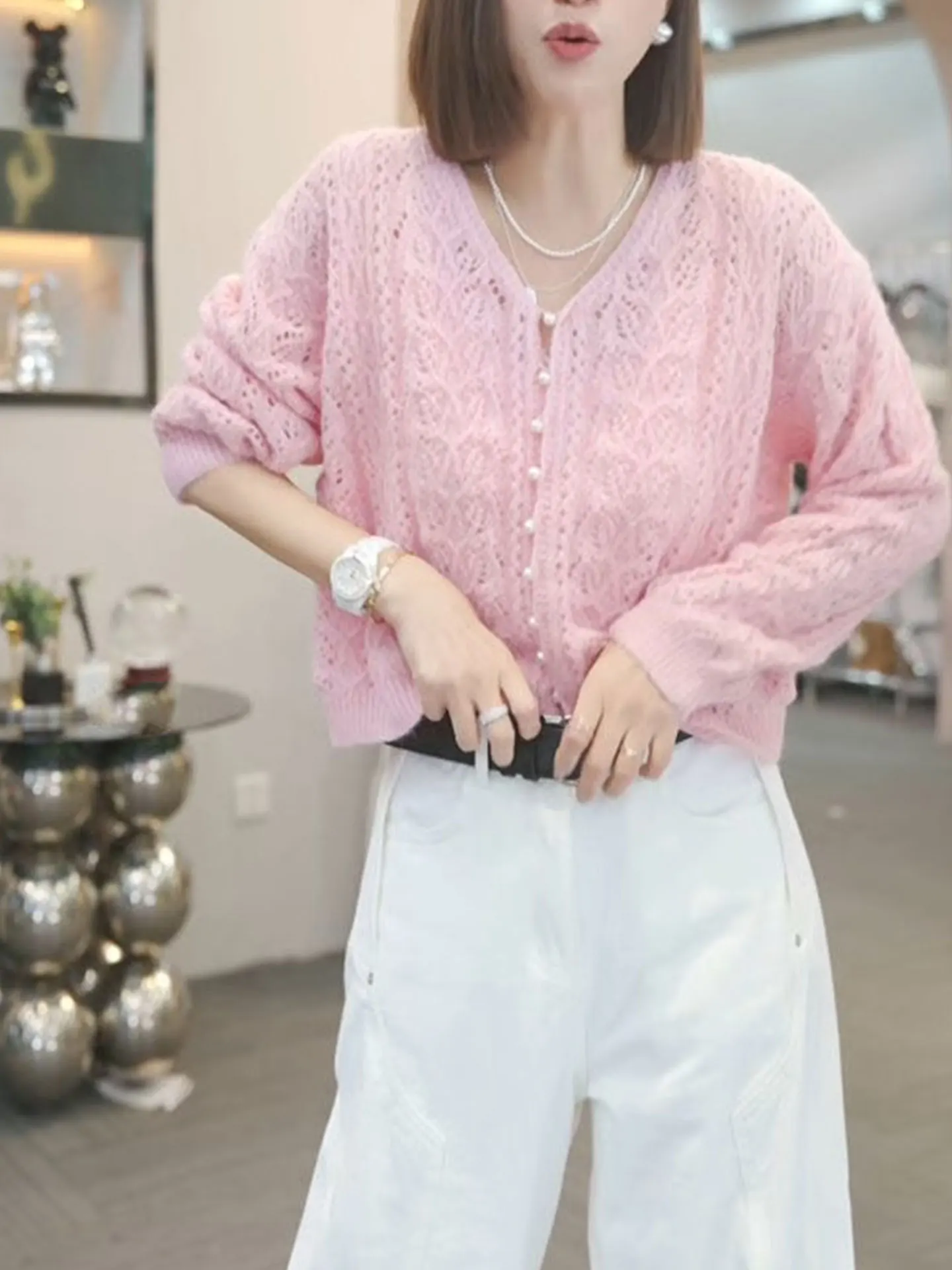 

Ele European Design Single-Button Knitted Sweater Women's Hook-Embroidered Hollow Long Sve Versatile Top for Summer 2025