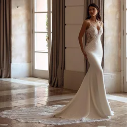 Luxury V-neck Mermaid Wedding Dresses for Women Spaghetti Straps Lace Appliques Robe De Mariee Backless Bridal Gown