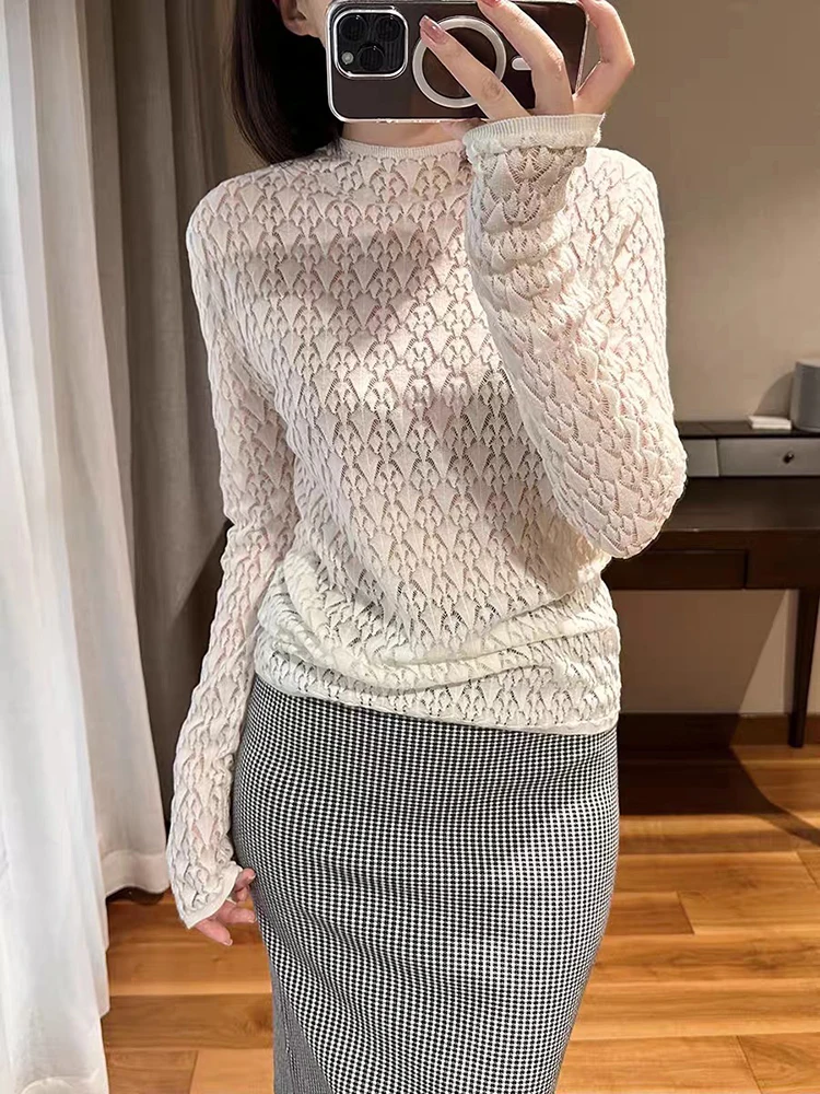 

Cored yarn slightly see-through knit sweater temperament elegant collar Slim bottoming sweater women's pullover 2024 Autumn new