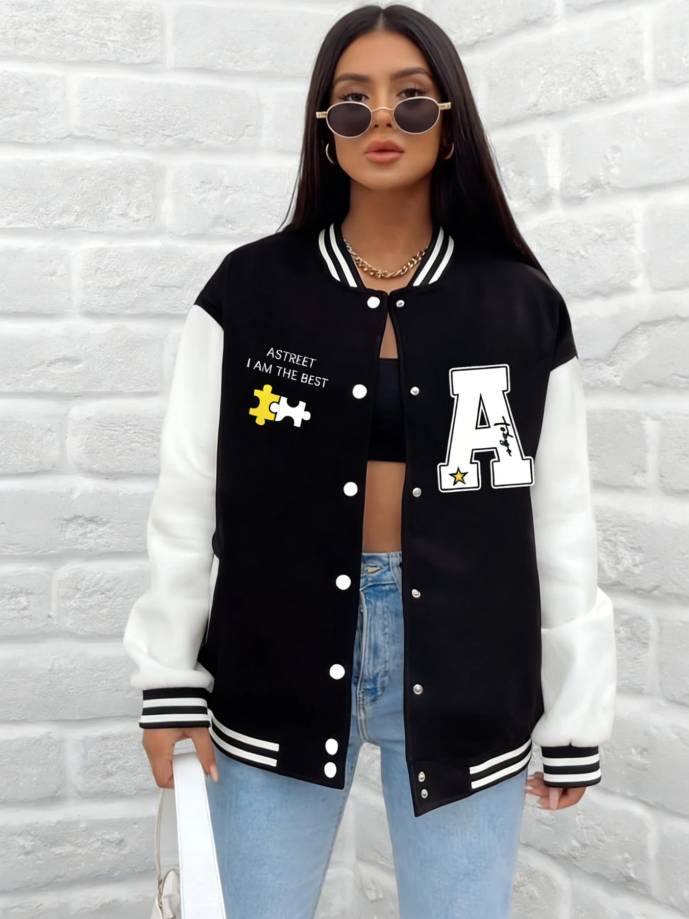 

Women I Am The Best Quote Letter A Puzzle Pattern Baseball Jacket Varsity Coat Loose Fit Outerwear Casual Street Fashion Outfit