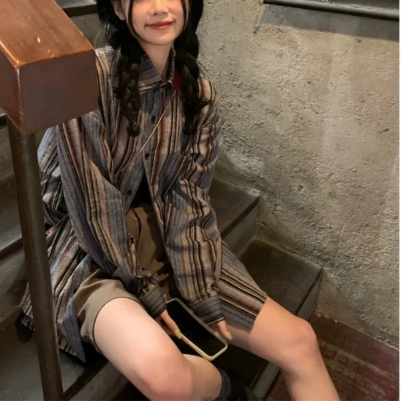 

Japan fashion Retro Stripe Long sleeve Shirts Women Spring 2024 New Idle Sle Loose Mid-Length Couple look Top