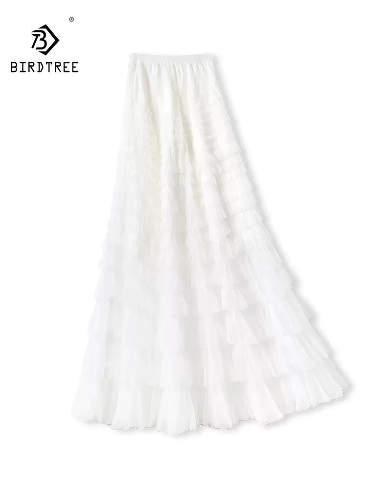 BirdTree-Lining Silk Double Crepe Elegant Skirts, Elastic Waist Ruffles , Women Versatile Fairy Cake Skirt, 2026 Summer B63964CC