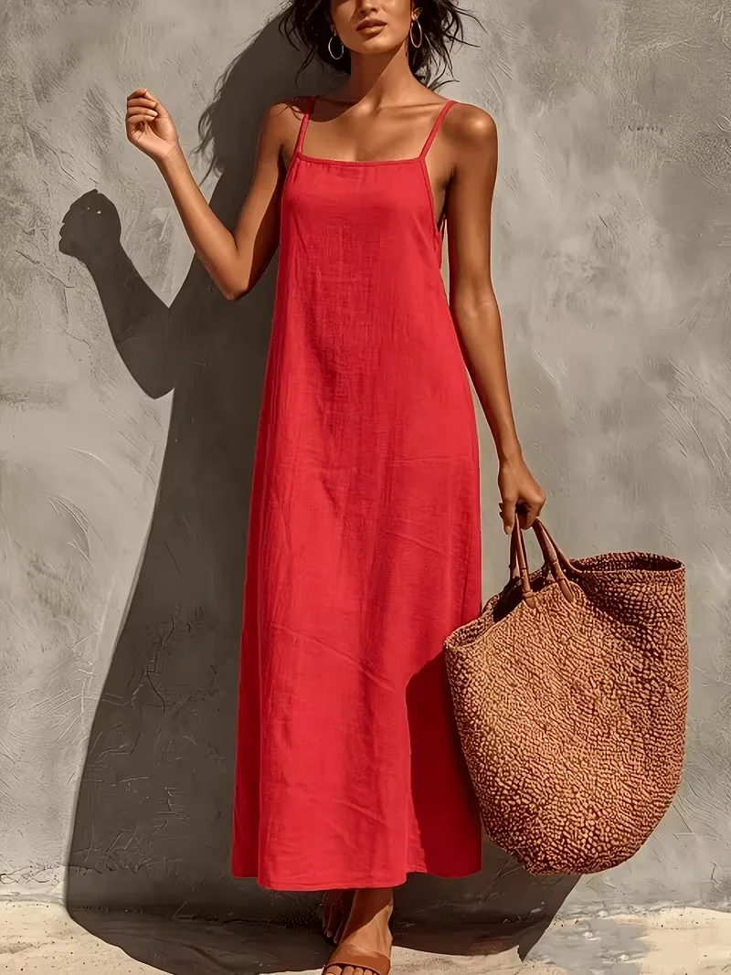 Damen Sommer Neues Französisches Leinen-Slip-Kleid, Retro Rotes Kleid mit Quadratischem Ausschnitt, Locker Geschnittenes Langes Kleid, Ausgewähltes Leinen mit Textur und Feuchtigkeitsregulierender Wirkung – Detail 3