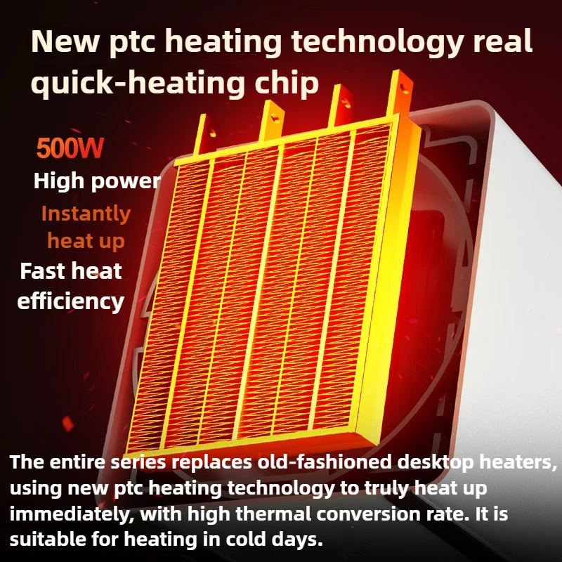 500W Aquecedor de baixa potência Cerâmico PTC Aquecedor doméstico Desktop Aquecimento inteligente Aquecedor elétrico 180 °   Fornecimento de ar grande angular UE Reino Unido
