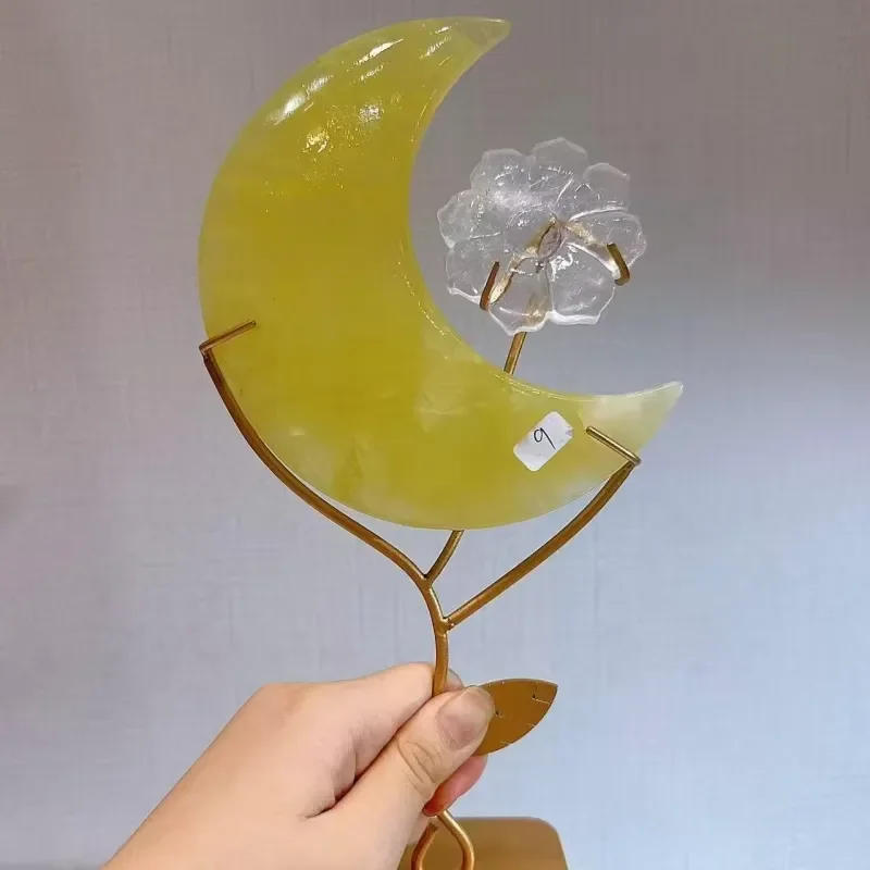 Natural Citrine Crescent Moon Crystal with Metal Stand Hand Carved Healing Stone Ornament for Home Office Desk Decoration
