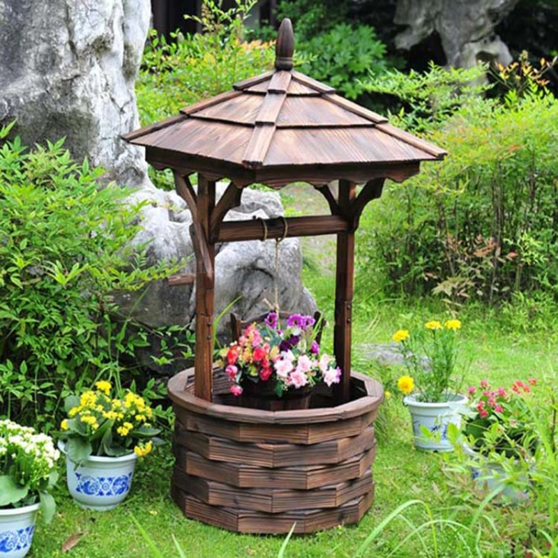 Wooden Wishing Well Bucket Flower Planter Fir Wood Garden Wishing Well Planter