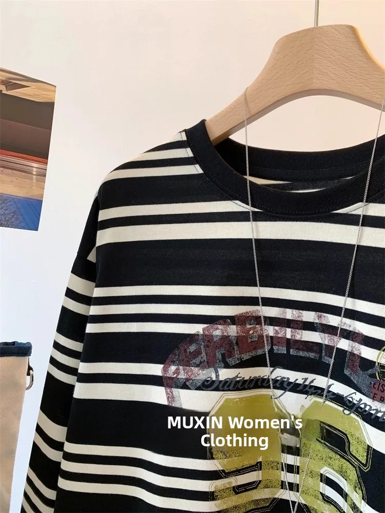 Loose Long Sve T-irt Women's Casual Digital Print Oversized Comfortable Top Commute Sle Korean Version Cotton Material