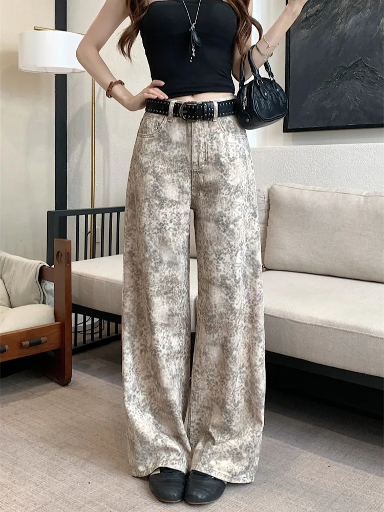 

American Style Loose High Waist Leopard Print Denim Pants Women's Summer Versatile Chic Straight Leg Pants Casual Washed
