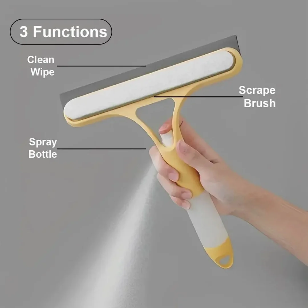 3 in 1 Window Cleaning Scraper, 2026 New Squeegee for Shower Glass, 3 in 1 Spray Function for Glass Doors for Windows Glass, Mirrors Scraper, Brush. All-Purpose Window Cleaner Tool (Yellow)