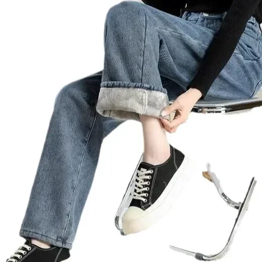 Winter Thicken Plush Lined Wide Leg Jeans Women High Waist Warm Straight Vaqueros Snow Wear Baggy Add Velvet Ankle-length Jeansy