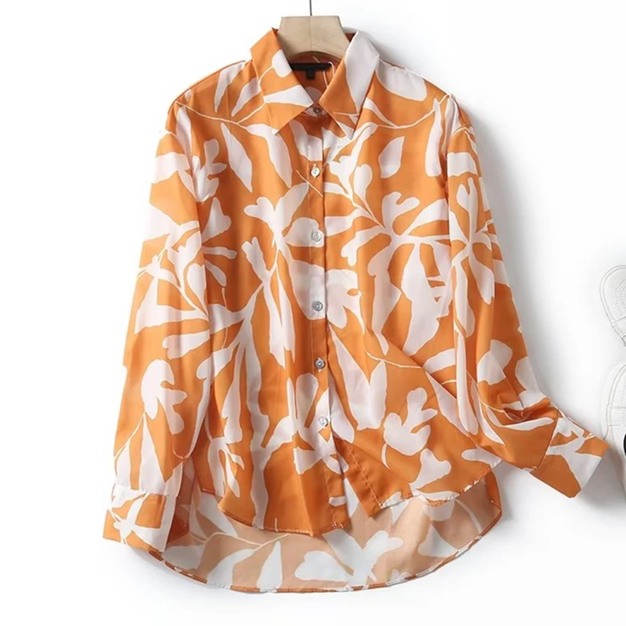 

Jenny&Dave 2024 Retro Leaf Print Elegant Casual Top Blouse Women Autumn New British Fashion Office Ladies Chiffon Shirt