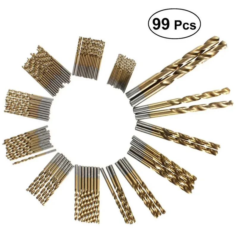 ALLSOME 99pcs 1.5mm - 10mm Titanium Coated Drill Bit Set High Speed Steel Manual Twist Drill Bits HT2386