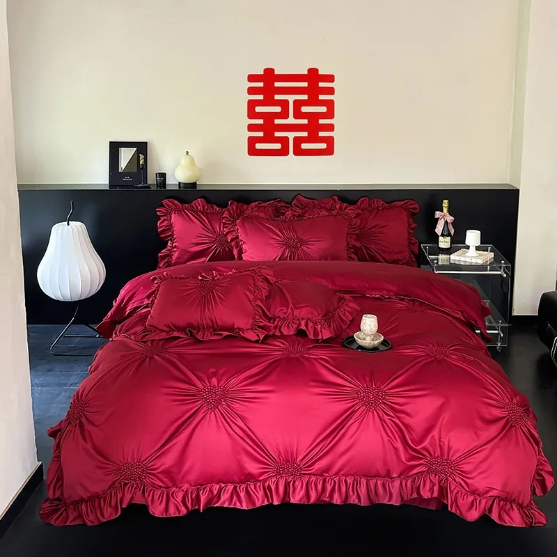 1000TC Egyptian Cotton Chic Heart Pinch Pleated Duvet Cover Wine Red Wedding Bedding set Comforter Cover Bed Sheet Pillowcases