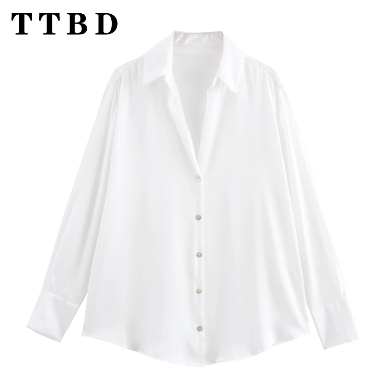 TTBD 2024 camicetta con colletto rovesciato a maniche lunghe in raso da donna nuova camicia monopetto in stile coreano per abbigliamento da ufficio