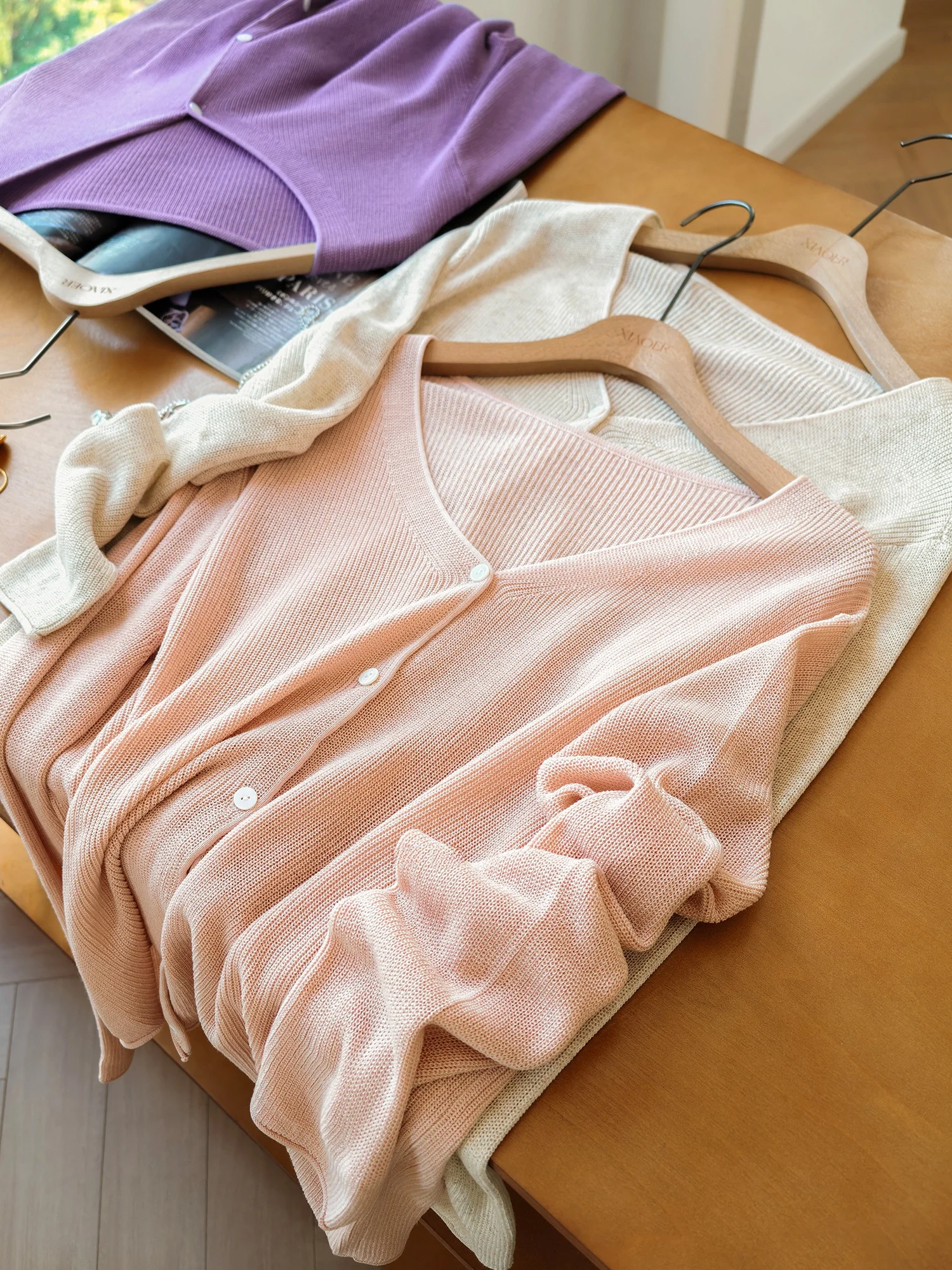 Large Version Knitted V-Neck Cardigan Women's Simple Roll  Long Sleeve Cotton Linen Blend Vertical Stripe Hollow out Design