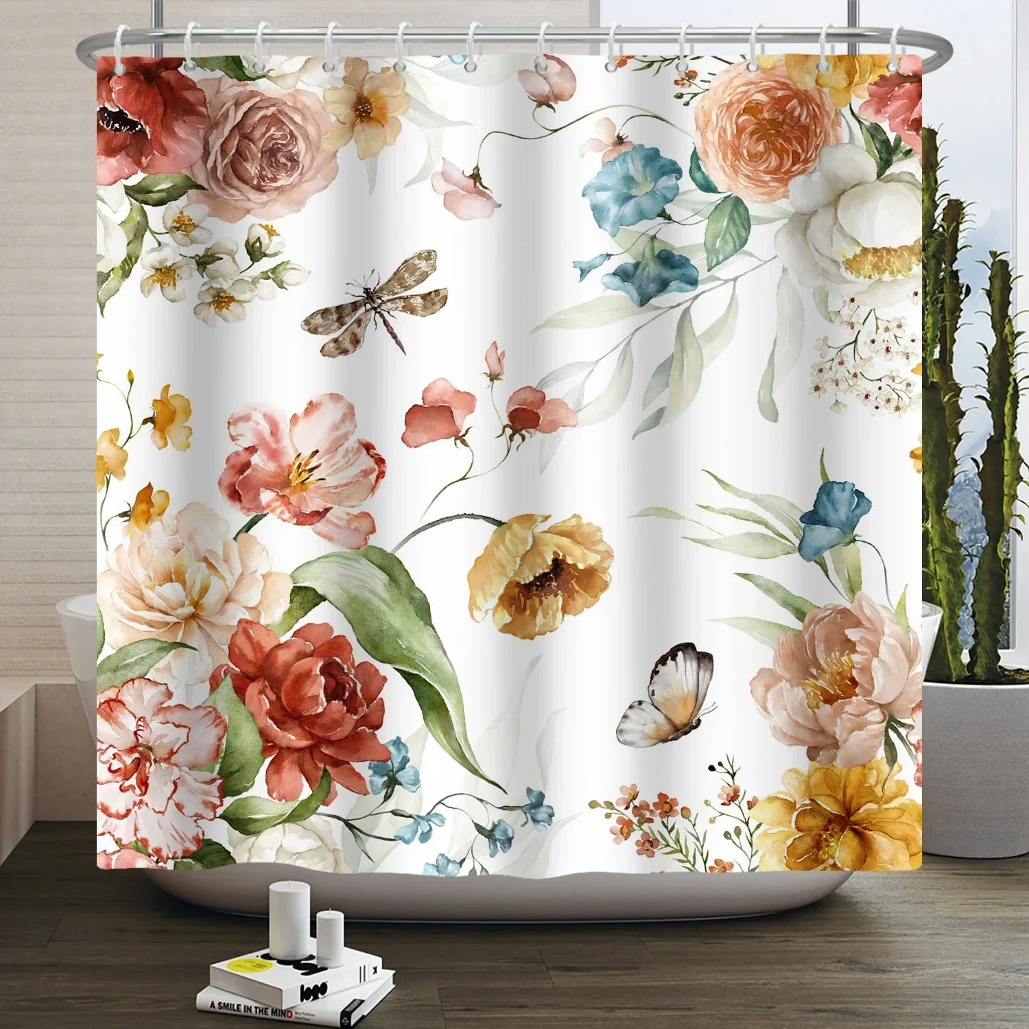 Watercolor Eucalyptus Leaf Shower Curtain Hanging Green Foliage White Floral Berry Minimalist Botanical Print Waterproof Fabric