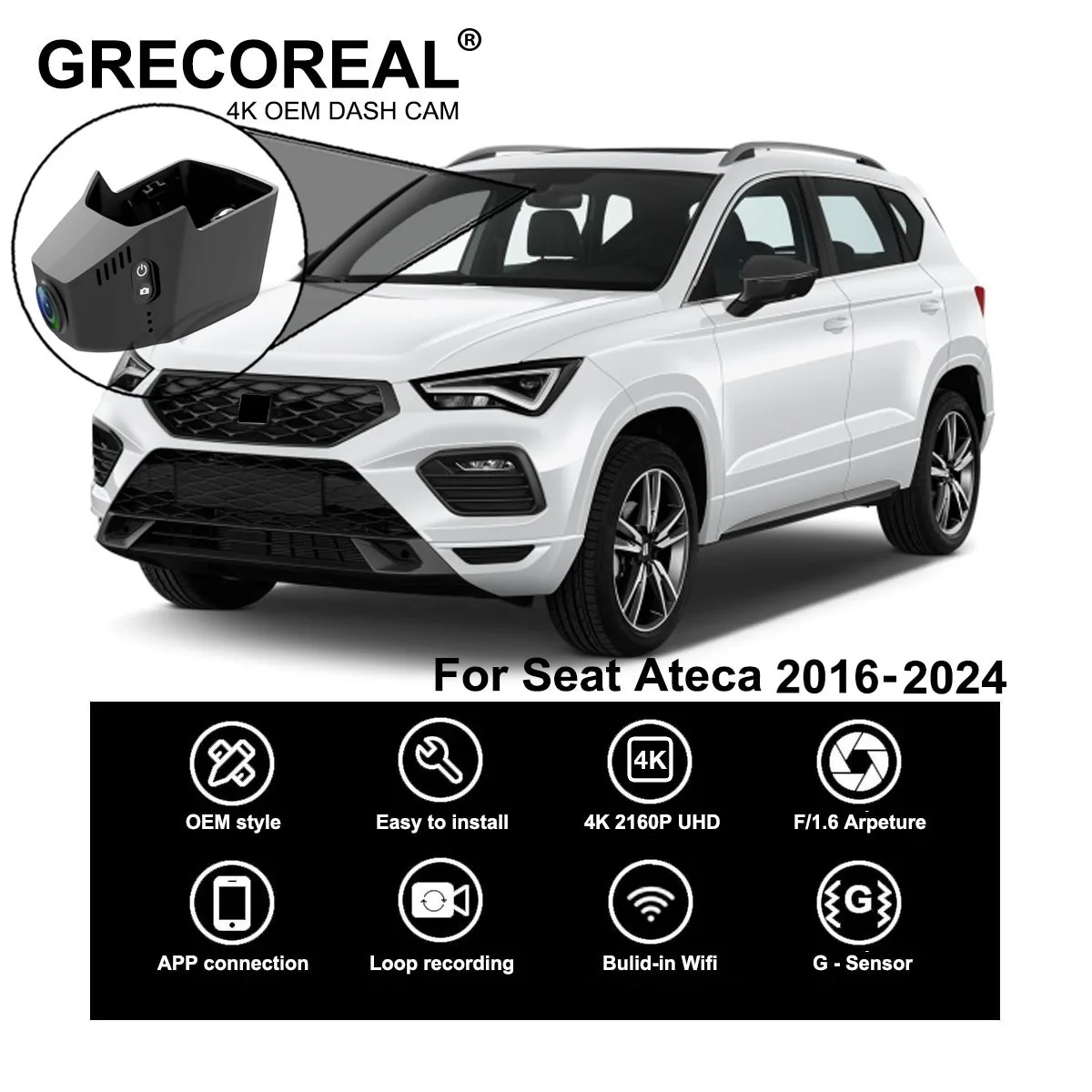 GRECOREAL 4K Dash Cam Front Rear WiFi Dual Camera Dashcam APP Control Easy Install Plug Play Compatible with Cupra Seat Ateca