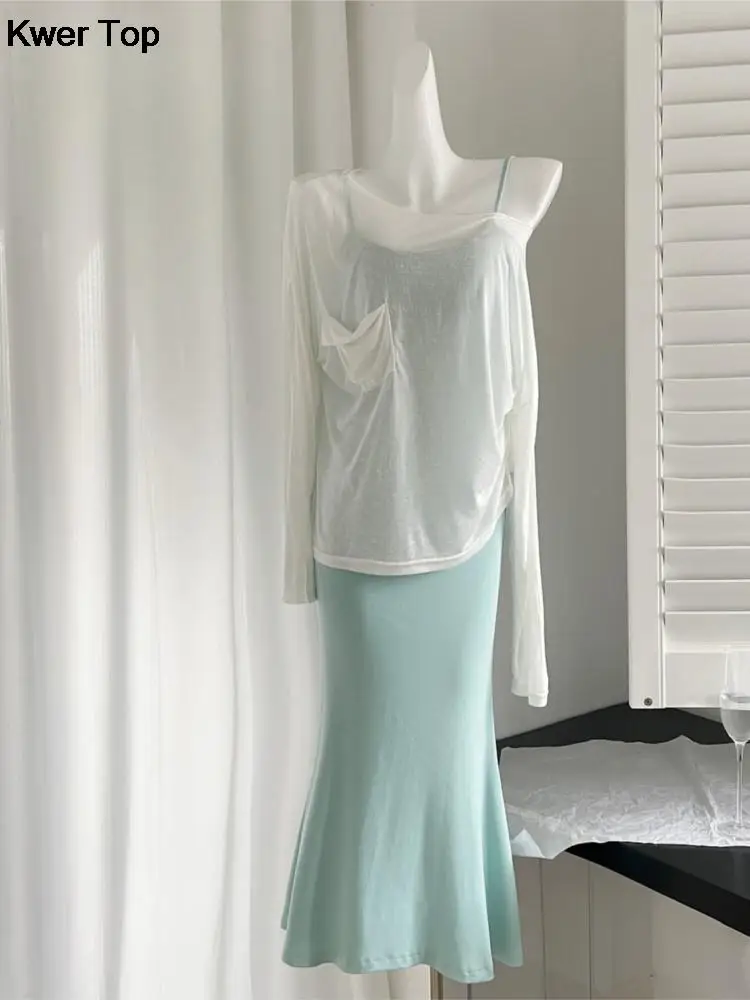 Vestido Midi ajustado con tirantes finos para mujer, camiseta blanca, informal, liso, Simple, fiesta, vacaciones, trajes de playa, Verano