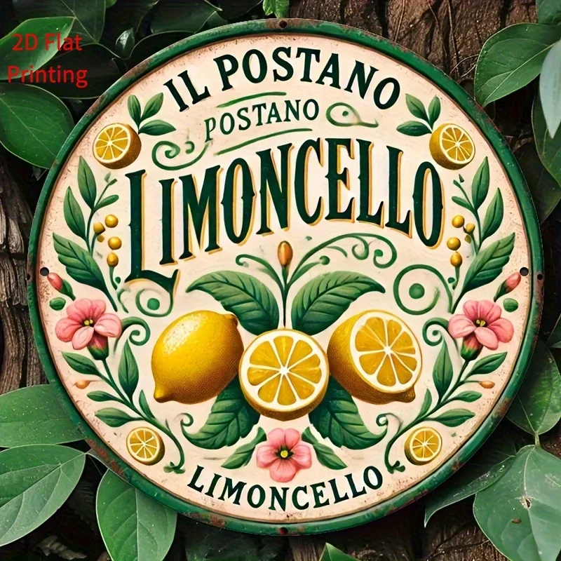 Letrero Limoncello italiano vintage: impresión plana 2D, decoración de pared redonda con limones y flores, perfecto para el hogar, bar, cafetería