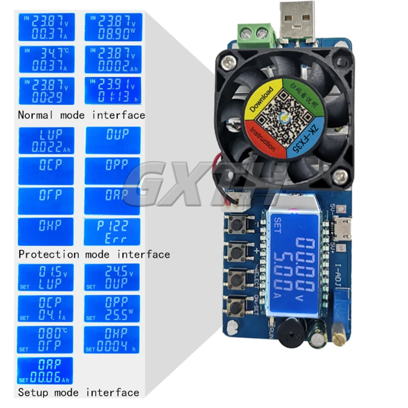 Battery Capacity Tester Temperature Controll Fan Electronic Load Current Calibration USB Power Detector Adjustable Resistor