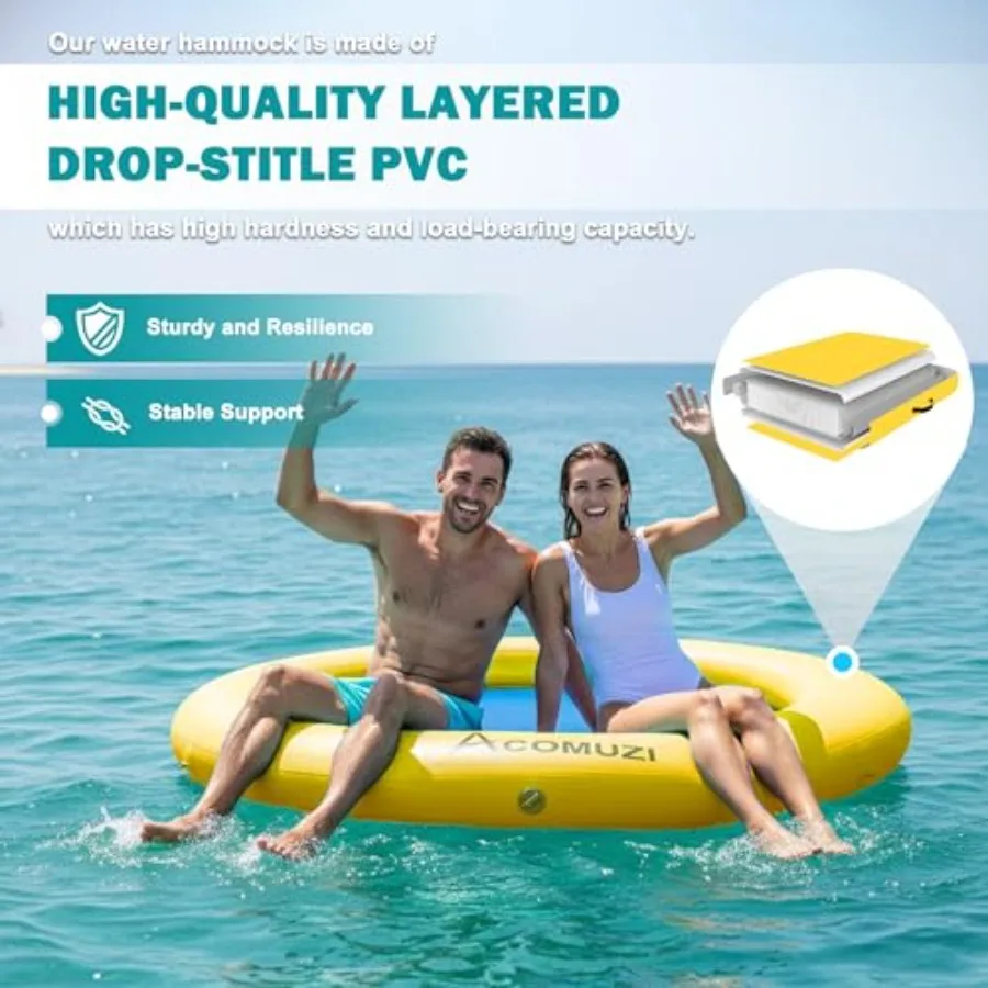 Water Hammock Inflatable Floating Dock for lakes and oceans, heavy-duty PVC, blue, ultra-stable round design with reinforced se