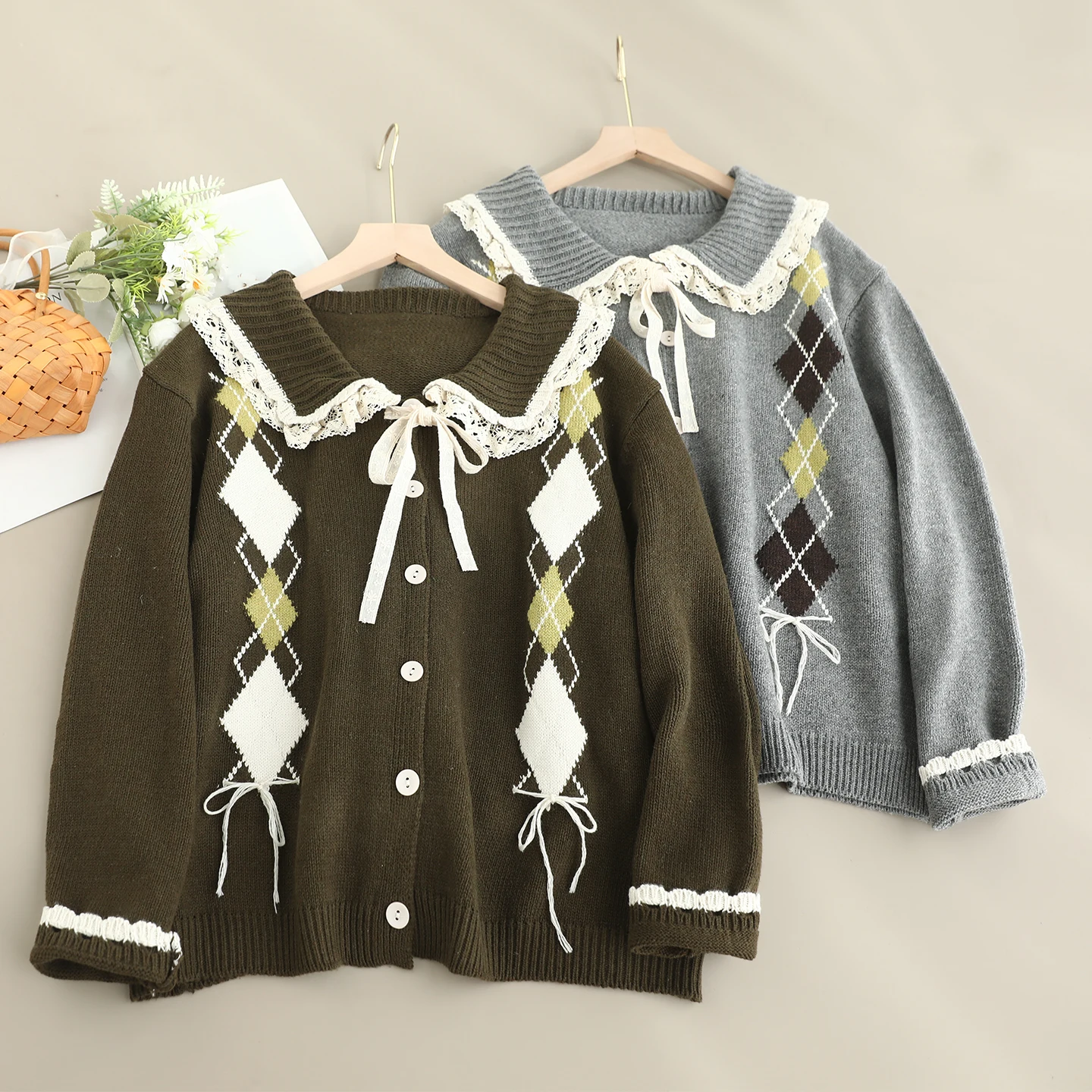 

Японский винтажный вязаный свитер Mori Girl с ромбовидным сетчатым узором, женский осенний вязаный свитер с кружевным воротником и длинными рукавами, пальто