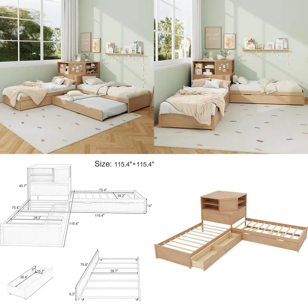 

L-Shaped Twin Bed with Trundle & 2 Drawers, 3-in-1 Low Platform Desk Bed for 3 Kids, Wood Day Bed with Bookcase, Easy Assembly,