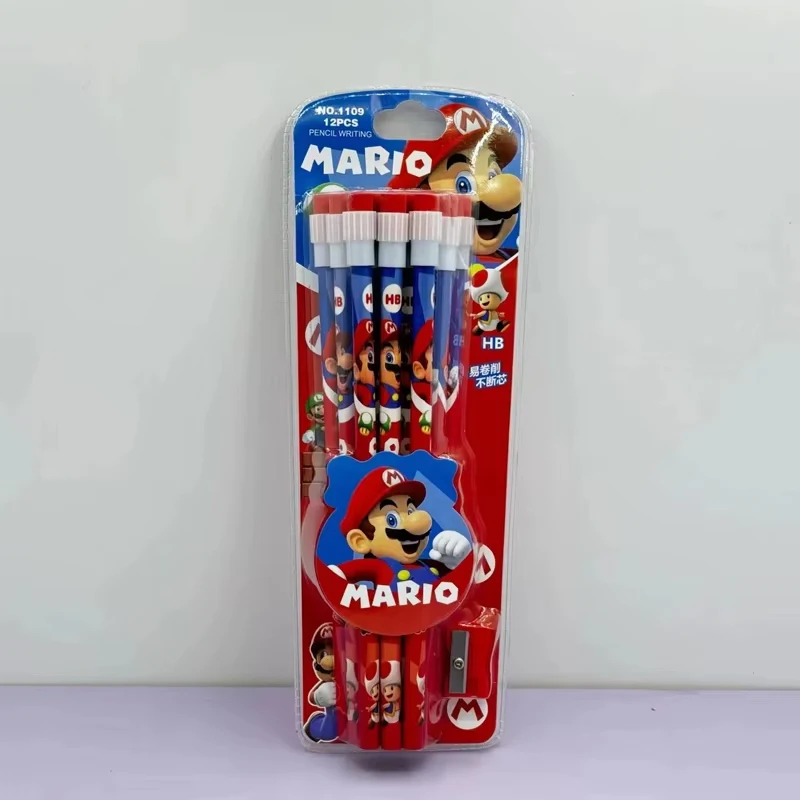 

12pc Anime Super Mario Cartoon Pencil with A Pencil Sharpener Kawaii Student Stationery Make Child Love Learning Reward Gift