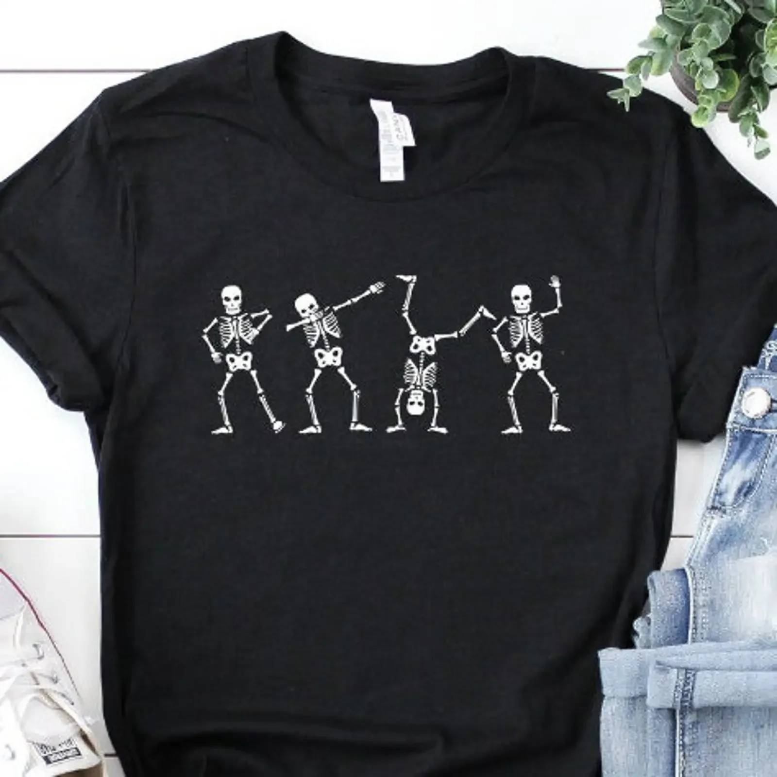 Dancing Skeletons T Shirt Funny Holiday vintage Washed Top For Everyday Wear Comfortable streetwear Versatile Breathable
