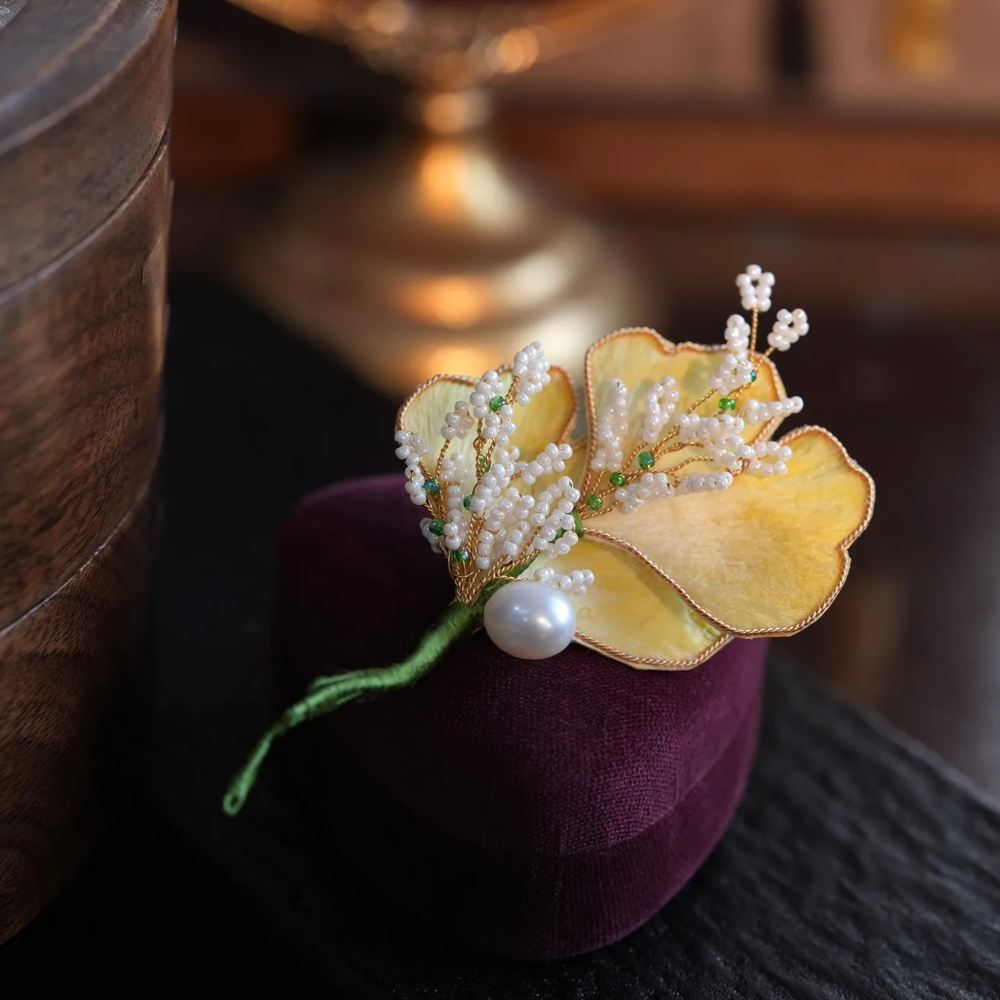 Handmade Chinese Velvet Flower Ginkgo Leaf Brooch Beaded Pearl Auspicious Lucky Blessing Fortune Pin Jewelry Gift For Her Coat