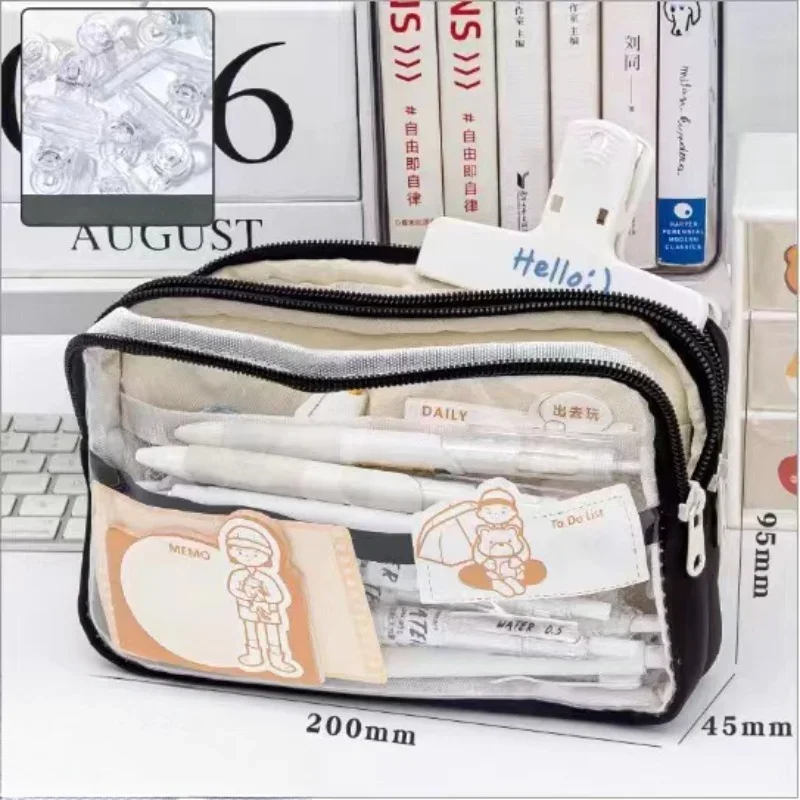 Zipper Pencil Case Stationery Can Hold about 60 Pens Large Capacity Transparent Canvas Bag Portable Multifunctional Durable